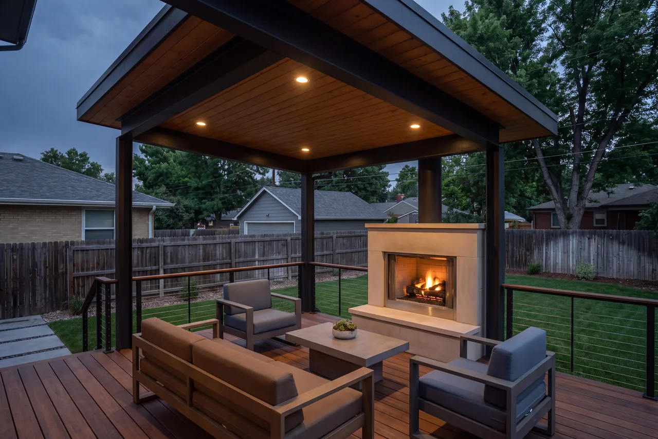 The same backyard with a covered deck, an outdoor fireplace and cable railings