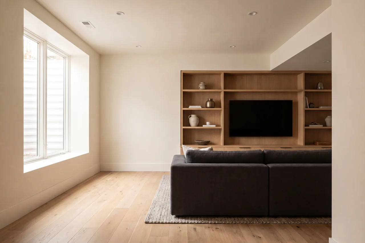 The same basement finished as a family room with an oak media wall and a large window