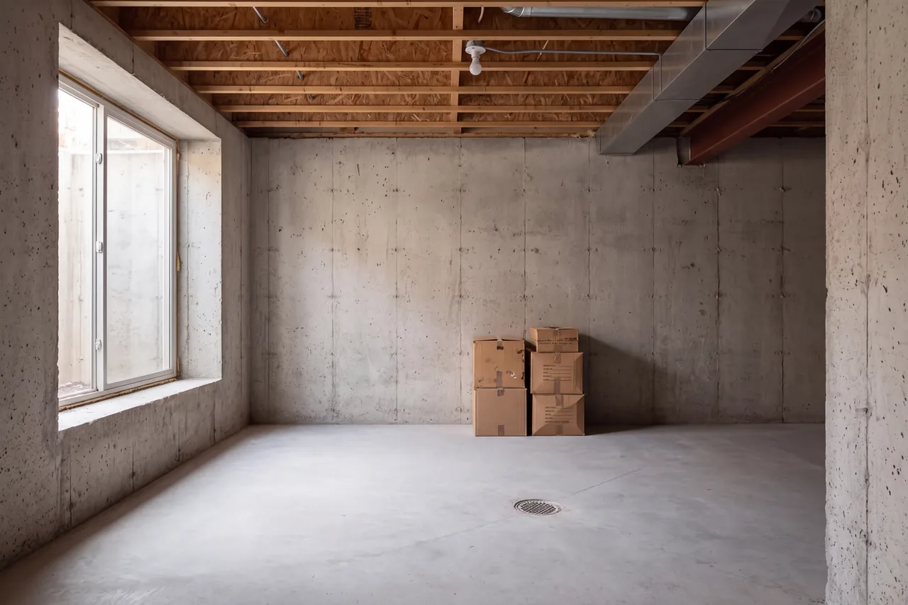 An unfinished basement with a concrete floor, exposed joists and bare foundation walls