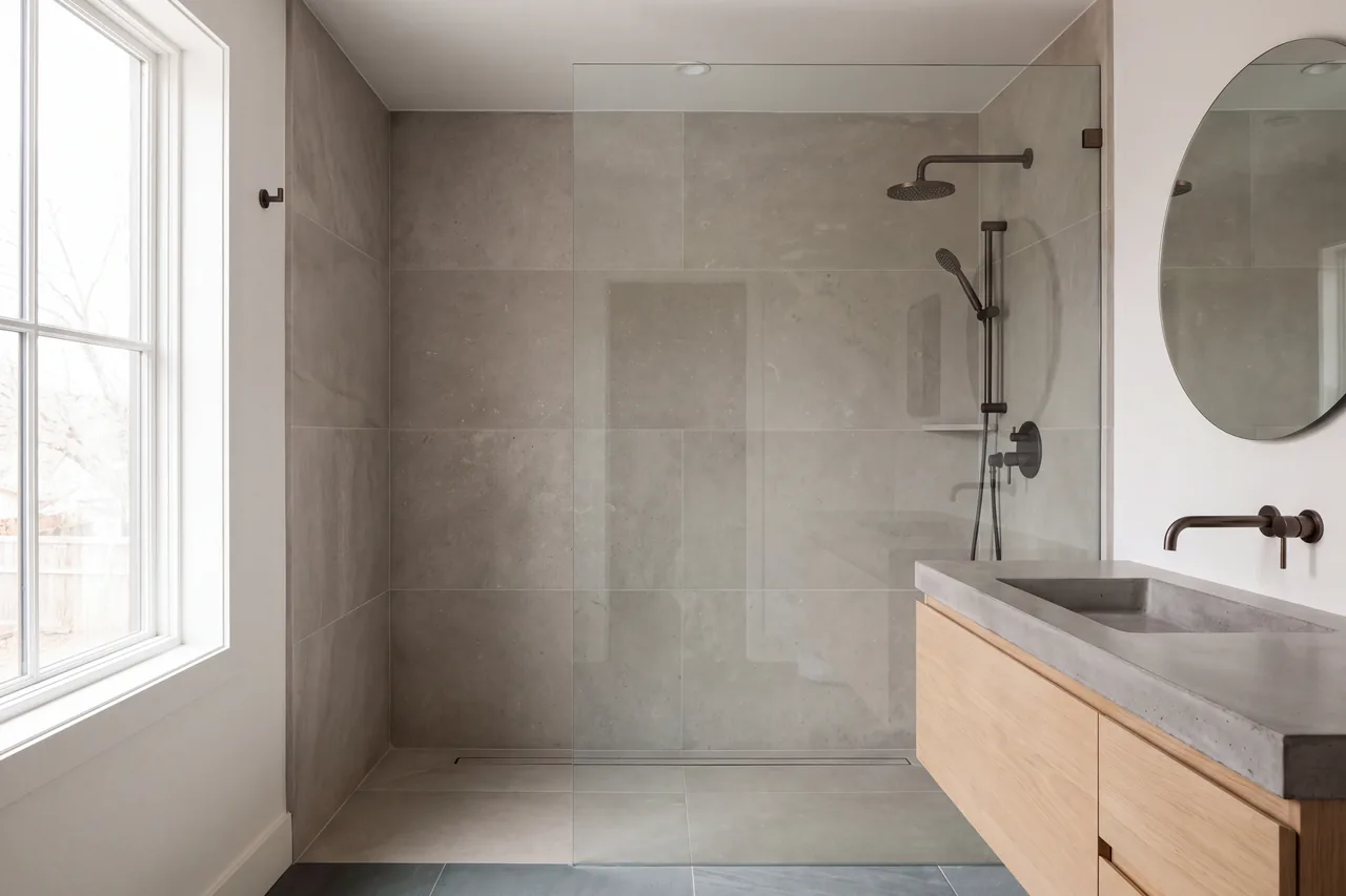 The same bathroom remodeled with a curbless stone shower and a floating oak vanity