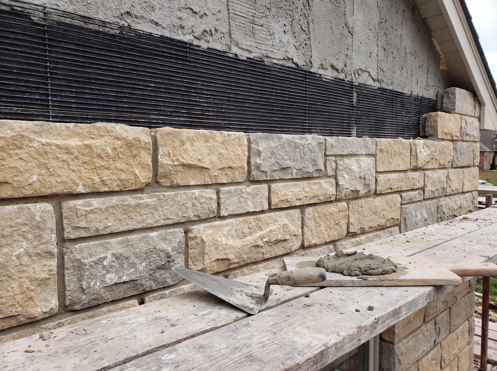 Stone veneer going up over metal lath and scratch coat