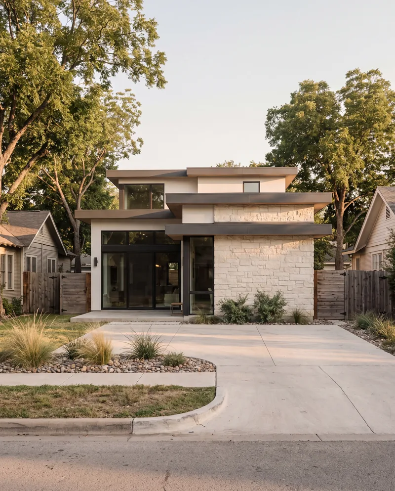 A modern house with flat roof planes, pale stone and black-framed glass behind a concrete drive on a residential street