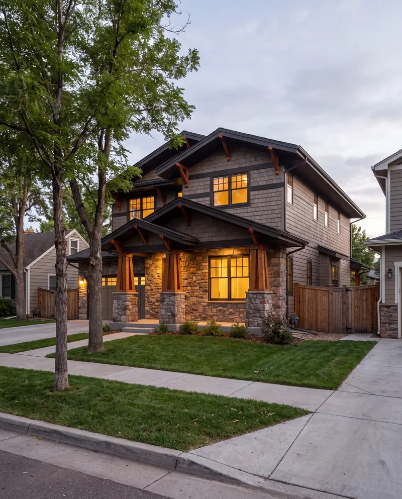 A two-story modern craftsman house with a stone-base porch, timber brackets and lit windows on a neighborhood street