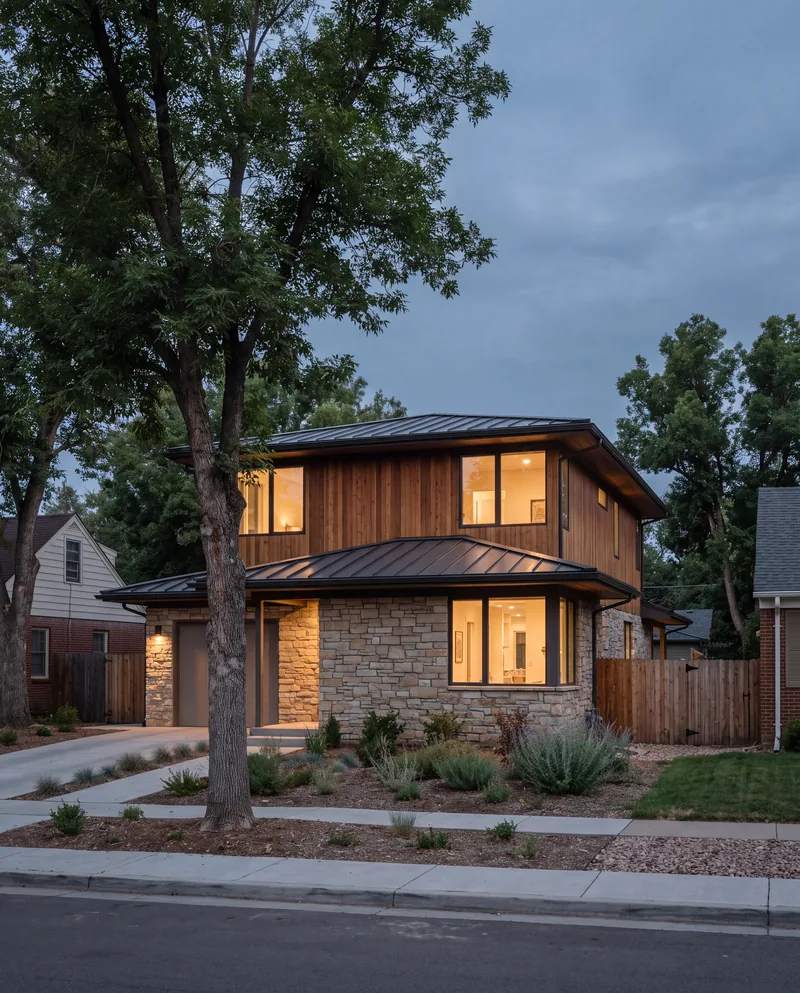 A two-story contemporary house of stacked stone and cedar with a standing-seam roof on a tree-lined residential street at dusk