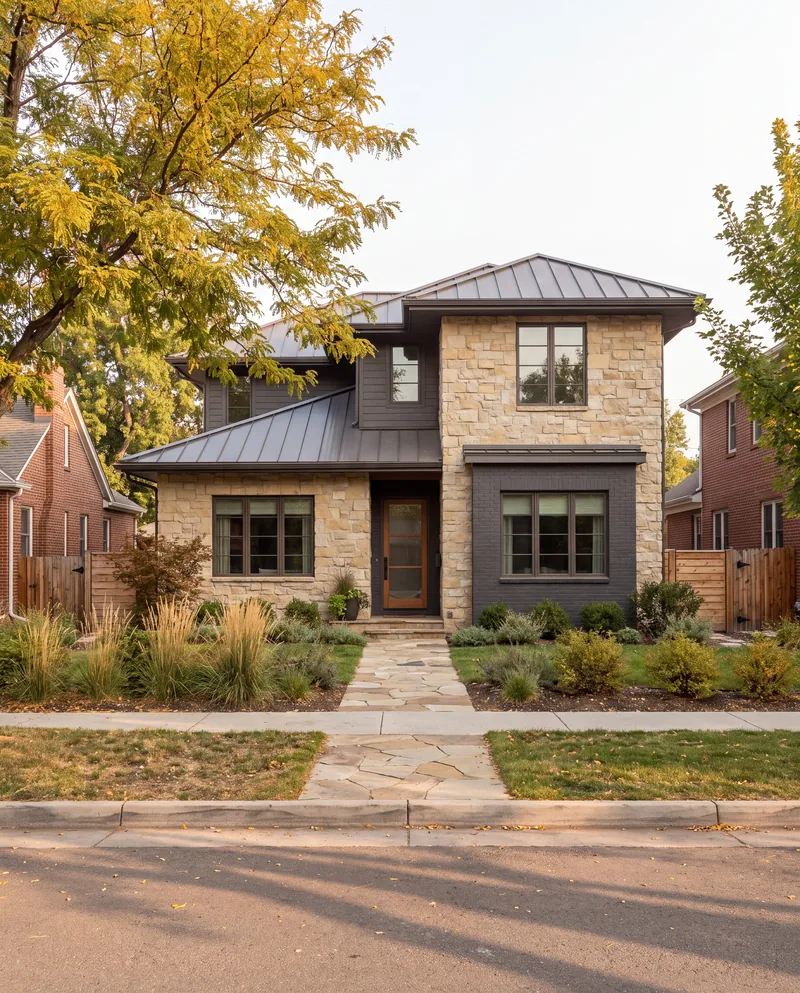 A transitional two-story house of limestone with a dark hip roof and a flagstone walk off the sidewalk
