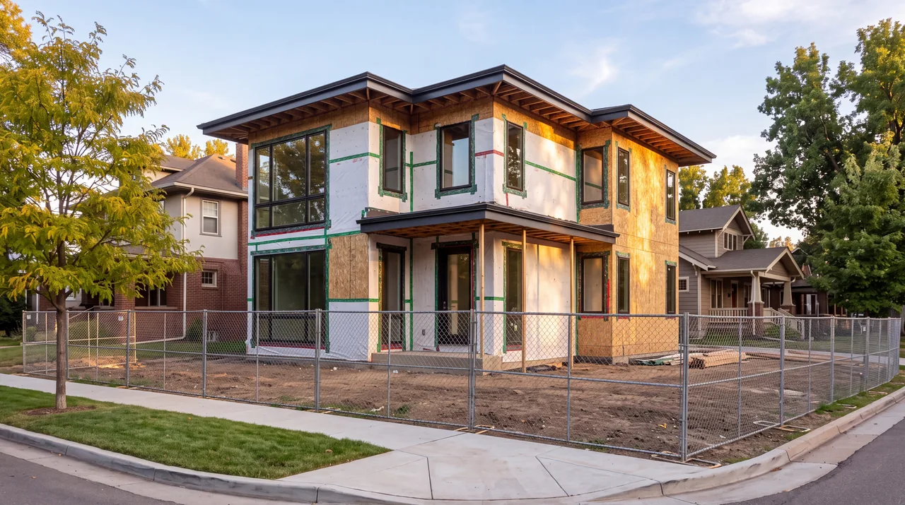 The same house sheathed, wrapped in house wrap, roofed and fitted with windows