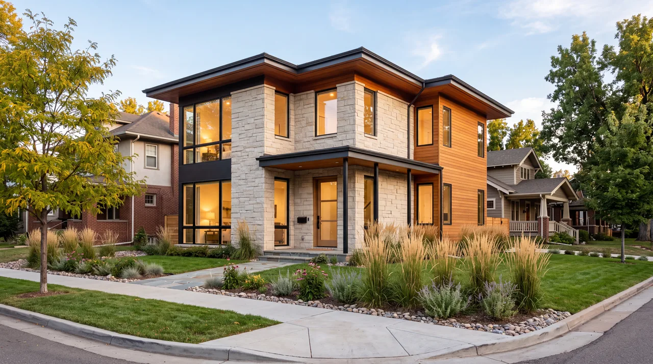 The same house finished in stacked limestone and cedar siding, with a planted front yard between its neighbors