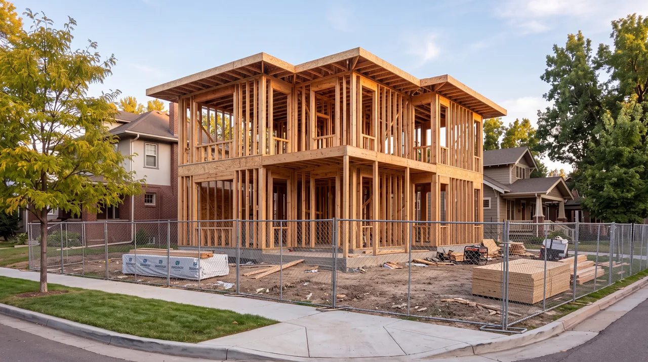 A two-story house in timber framing on a neighborhood lot, behind a construction fence along the sidewalk