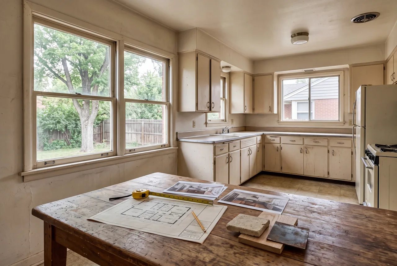 A floor plan, tape measure, photos and material samples on the table of an older kitchen