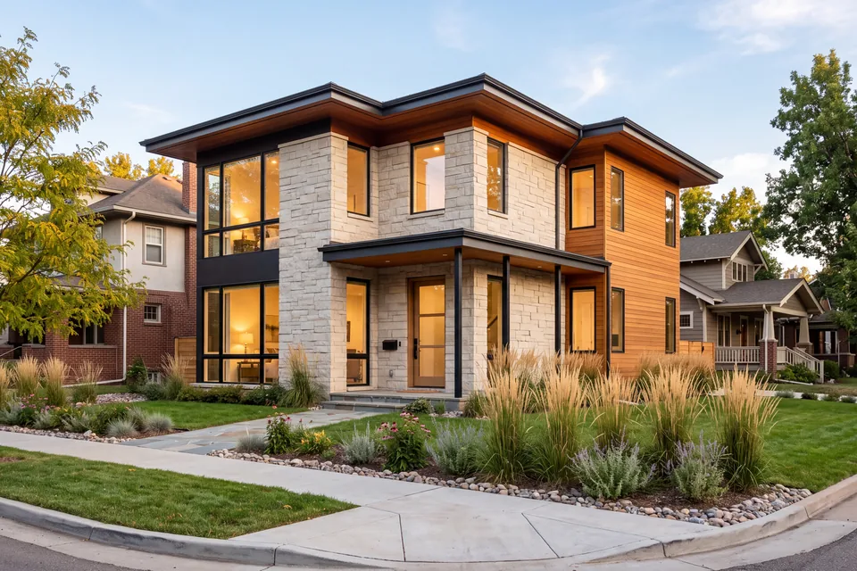 A finished two-story contemporary custom home of stacked limestone and cedar siding on a tree-lined residential street