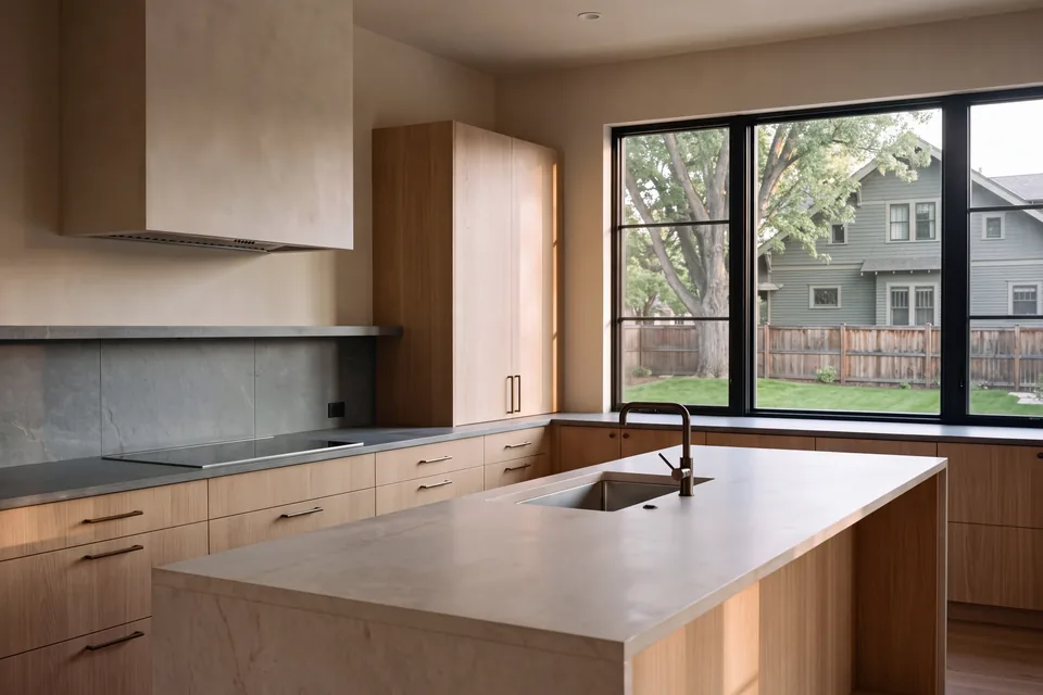 A remodeled modern kitchen with oak cabinets and a limestone island