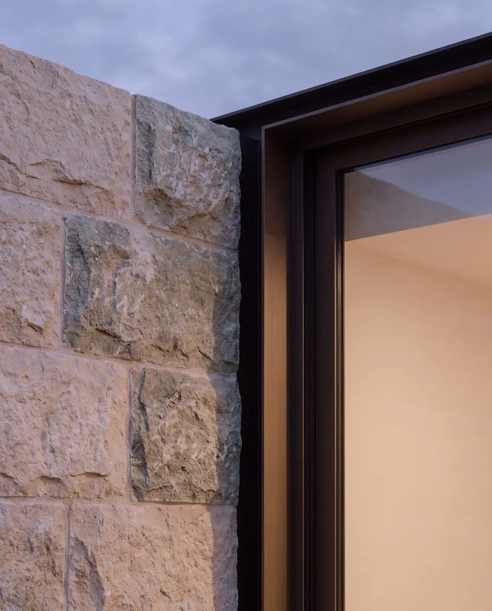 Pale stone meeting a black-framed window with a clean metal head flashing